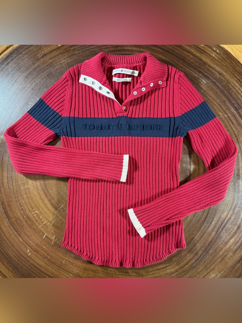 Y2K Tommy Hilfiger Women's S Rib-Knit Mock Neck Pullover Sweater Slim 2005
